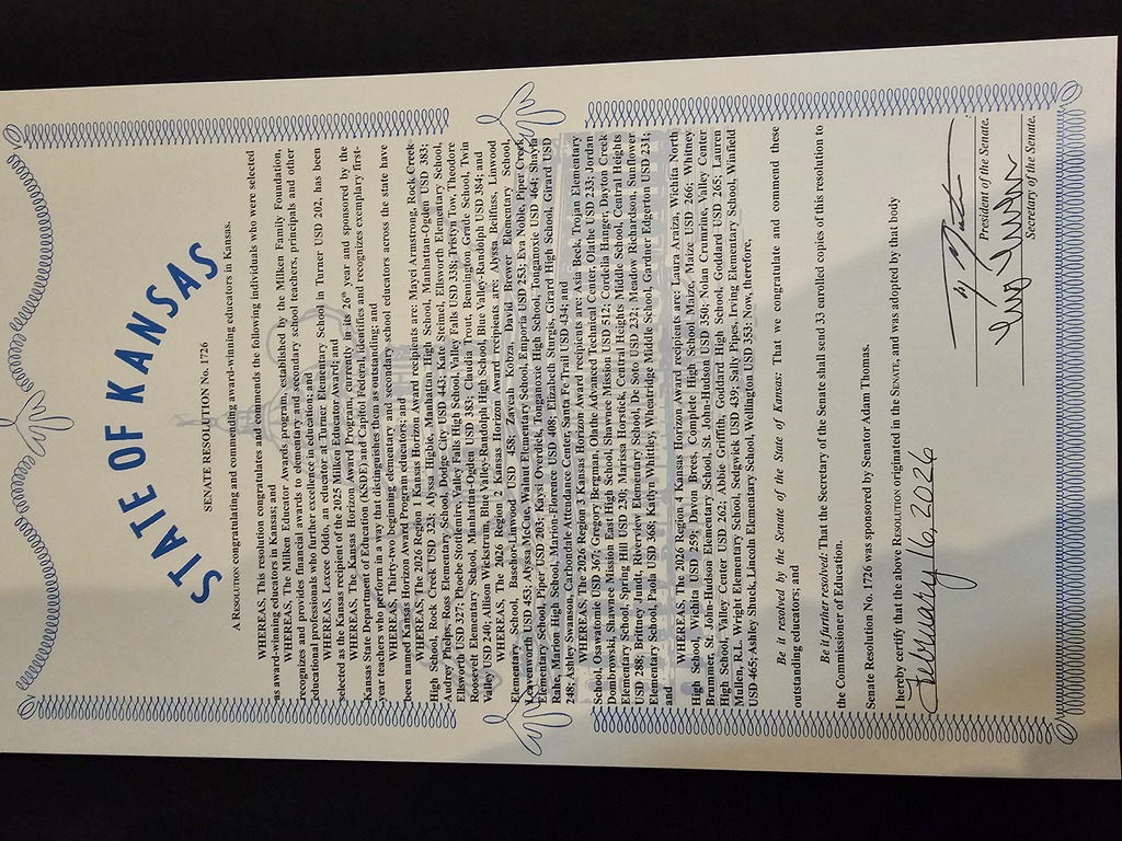 State of Kansas Resolution about awards. 