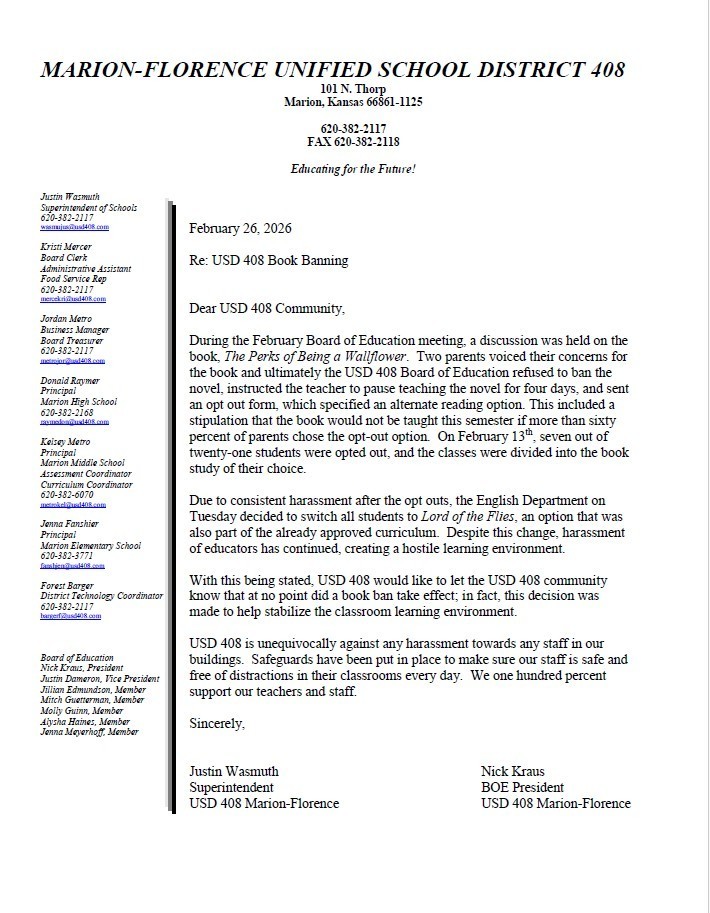 A letter to the community about the book study issue at the high school.