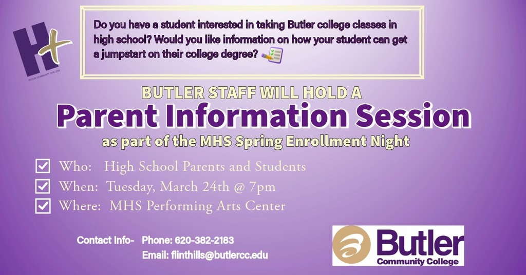 Butler CC Parent Information Session Post. Marion Performing Arts Center at 7pm. Tuesday, March 24th. For parents who have students interested in taking dual-credit courses next year. 