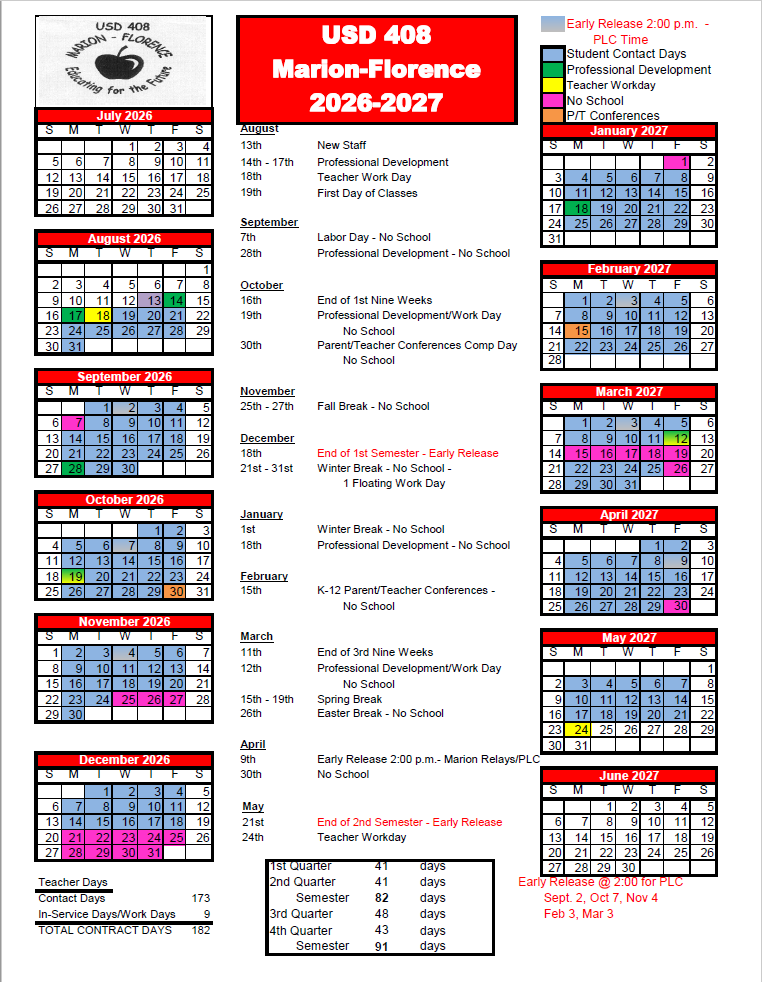 The USD 408 one page school calendar for the 2026-2027 school year.