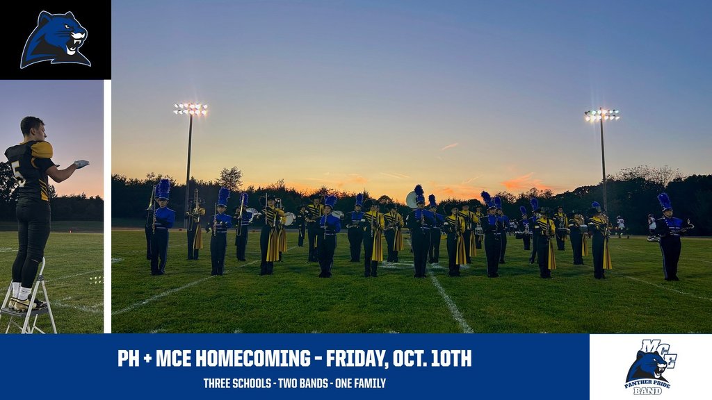 The MCE marching band in blue performs the National Anthem with Pleasant Hope's Pirate Power Band (in yellow).
