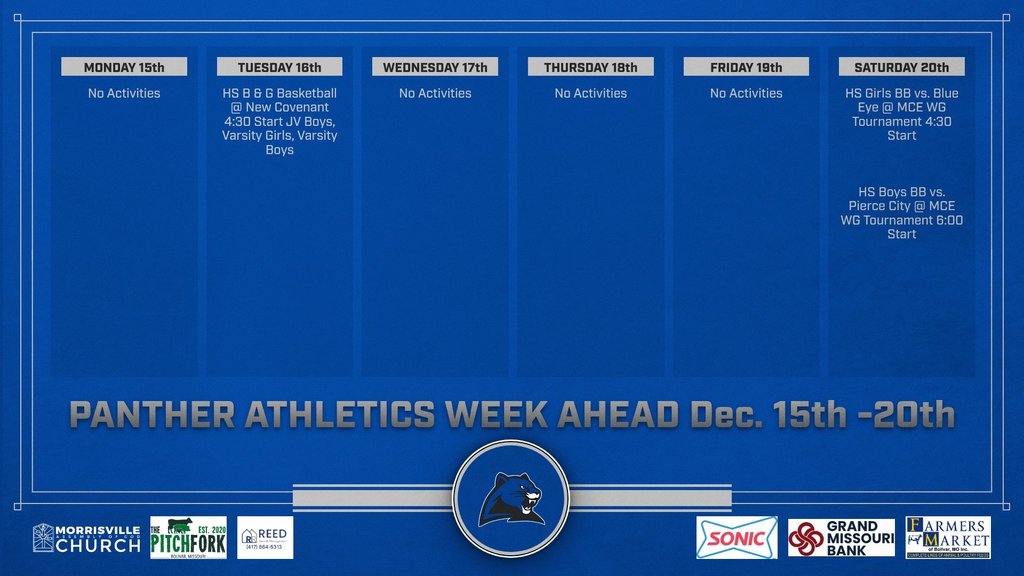 Panther Athletic Events Week of Dec. 15th - 20th