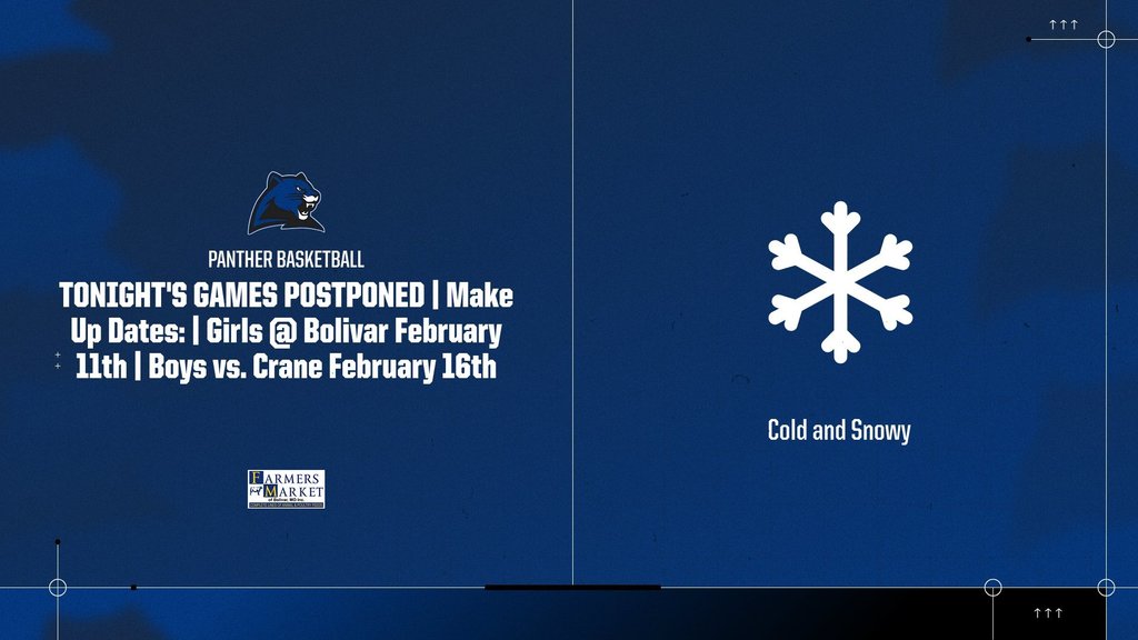Tonight's MCE BB Games Postponed.  Girls @ Bolivar on February 11th & Boys vs. Crane on February 16th.