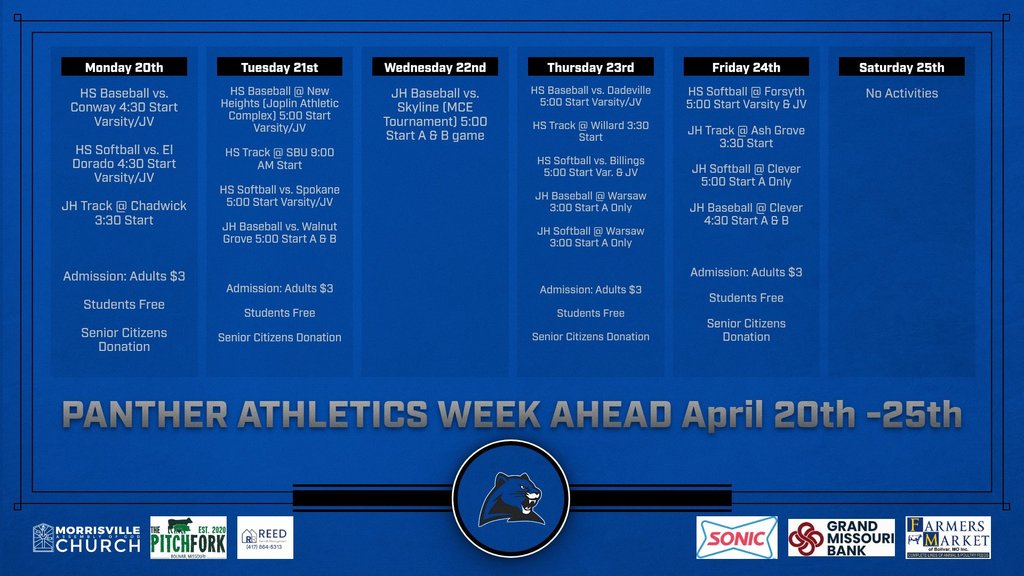 Morrisville Athletic Activities Week of April 20th - 25th
