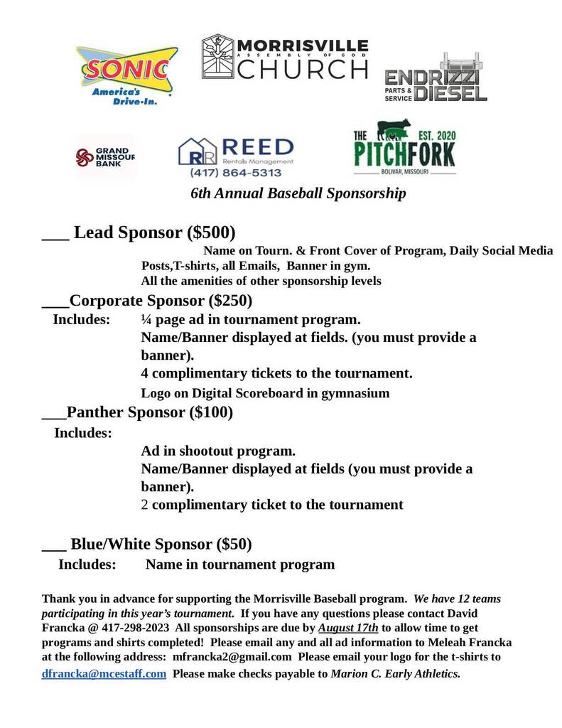 Morrisville Baseball Tournament Sponsorship
