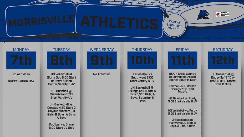 Morrisville Athletic Activities Week of September 7th - 12th