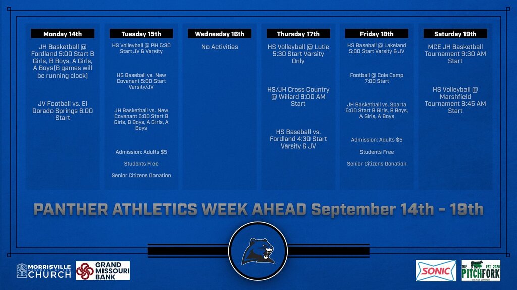 Morrisville Athletic Activities Week of Sept. 14th -19th