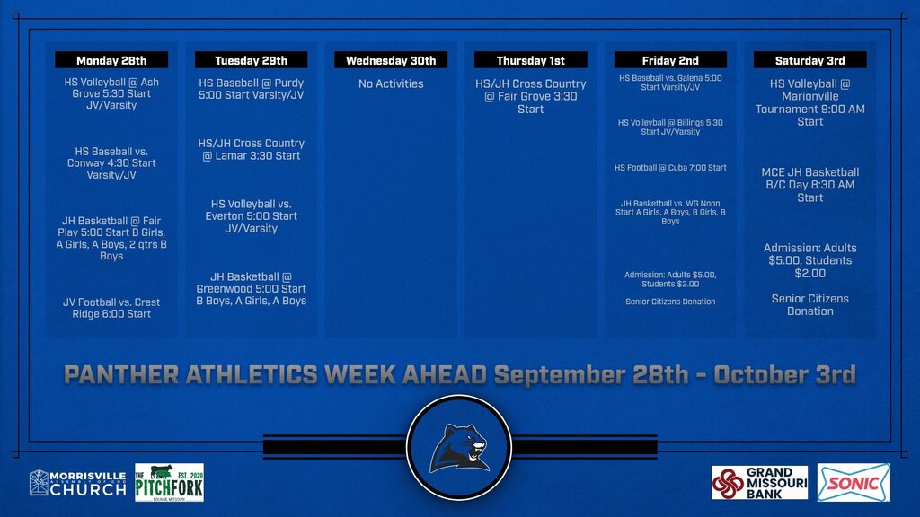 Morrisville Athletic Activities Week of September 28th - October 3rd