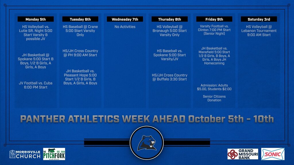 Morrisville Athletic Activities Week of October 5th - 10th