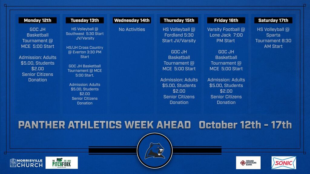 Morrisville Athletic Activities Week of October 12th - 17th