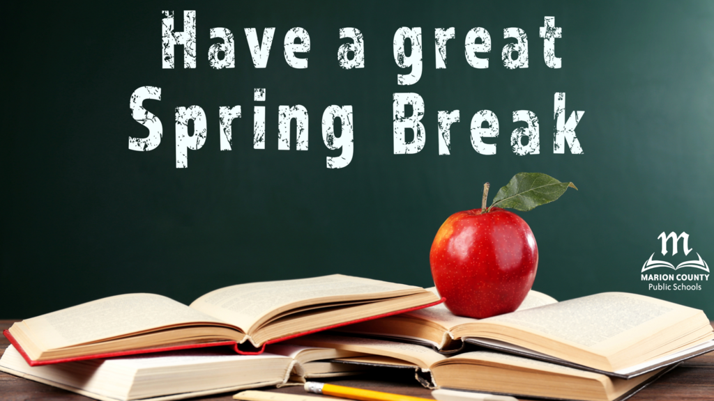 Spring Break graphic with books and an apple