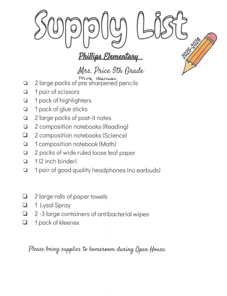 5th Grade Supply List
