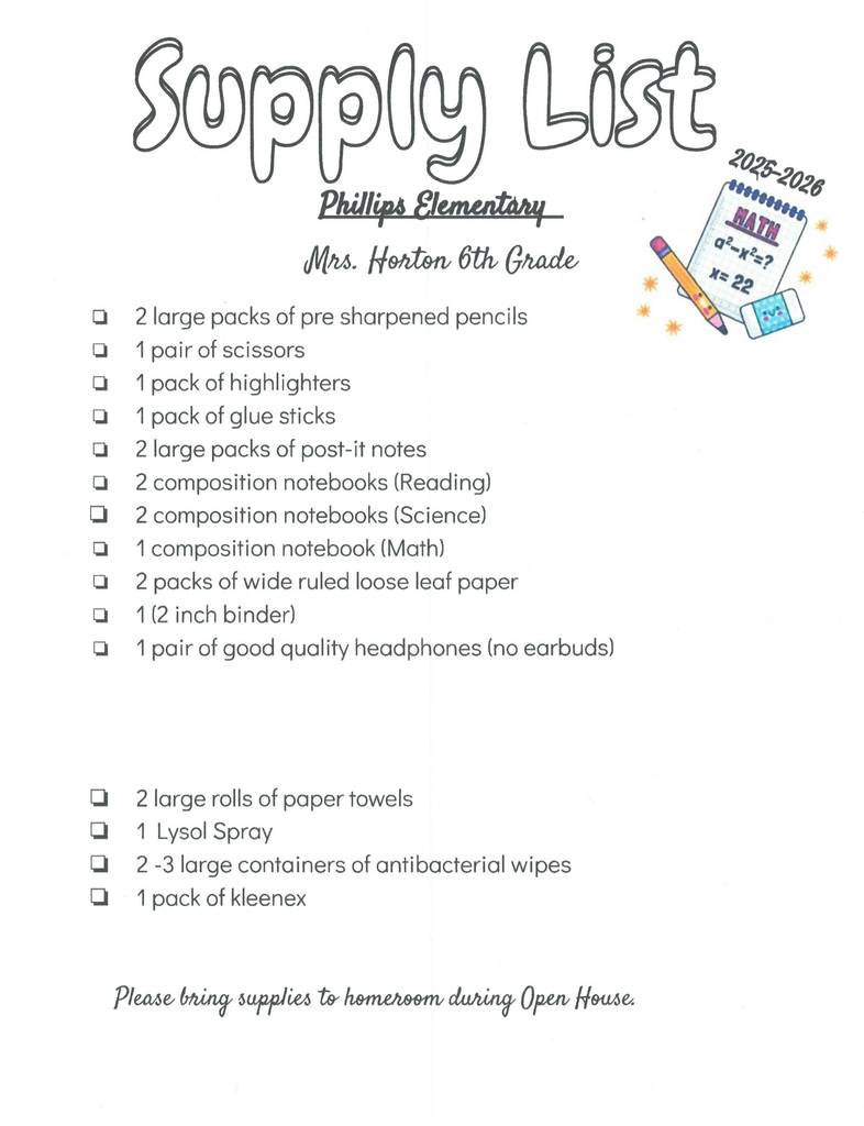 6th Grade Supply List