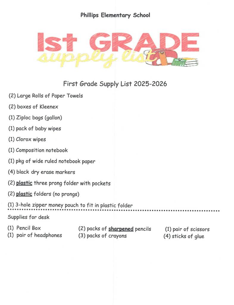1st Grade Supply List