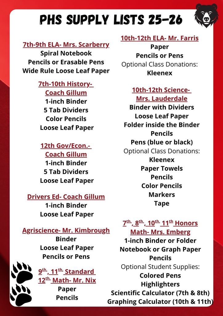 PHS Supply Lists