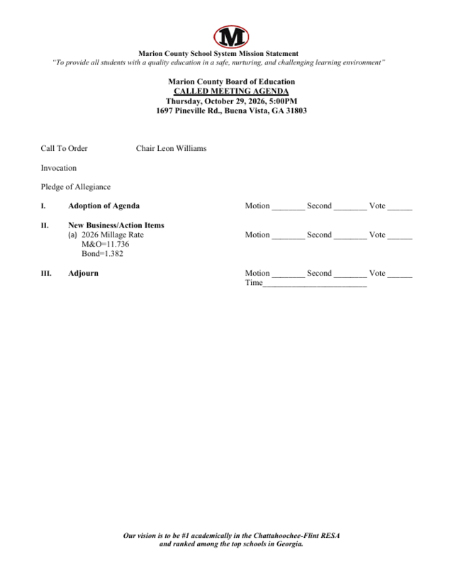 Called Board Meeting Agenda 10-29-26