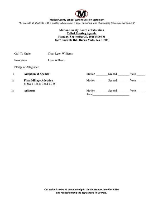 Called meeting agenda 