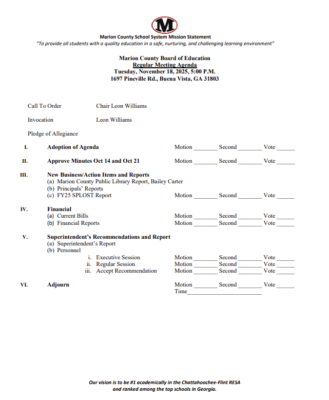 Regular Meeting Agenda