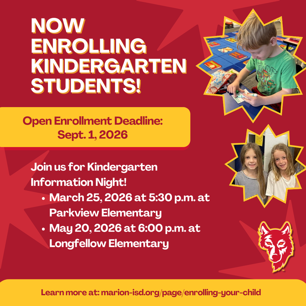 Now Enrolling Kindergarten Students! Open enrollment deadline is September 1, 2026. Join us for Kindergarten Information Night on March 25, 2026 at 5:30pm at Parkview Elementary or May 20, 2026 at 6:00pm at Longfellow Elementary. Learn more on our website under Enrolling Your Child. 