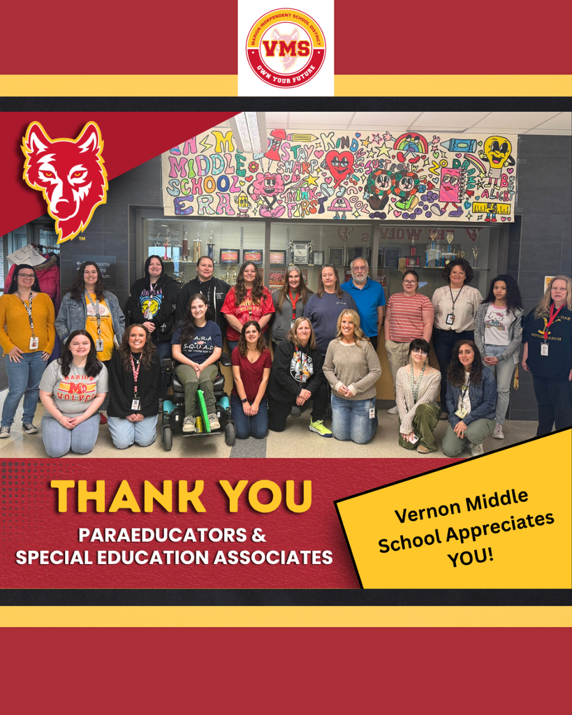 Thank you - Paraeducators and Special Education Associates. Vernon Middle School appreciates you (staff pictured).