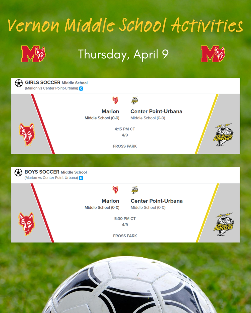 VMS Soccer 4/9 at 4:15 (Girls) and 5:30 (Boys)