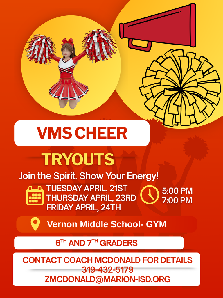 Cheer Tryouts 4/21, 4/23 and 4/24 from 5-7pm