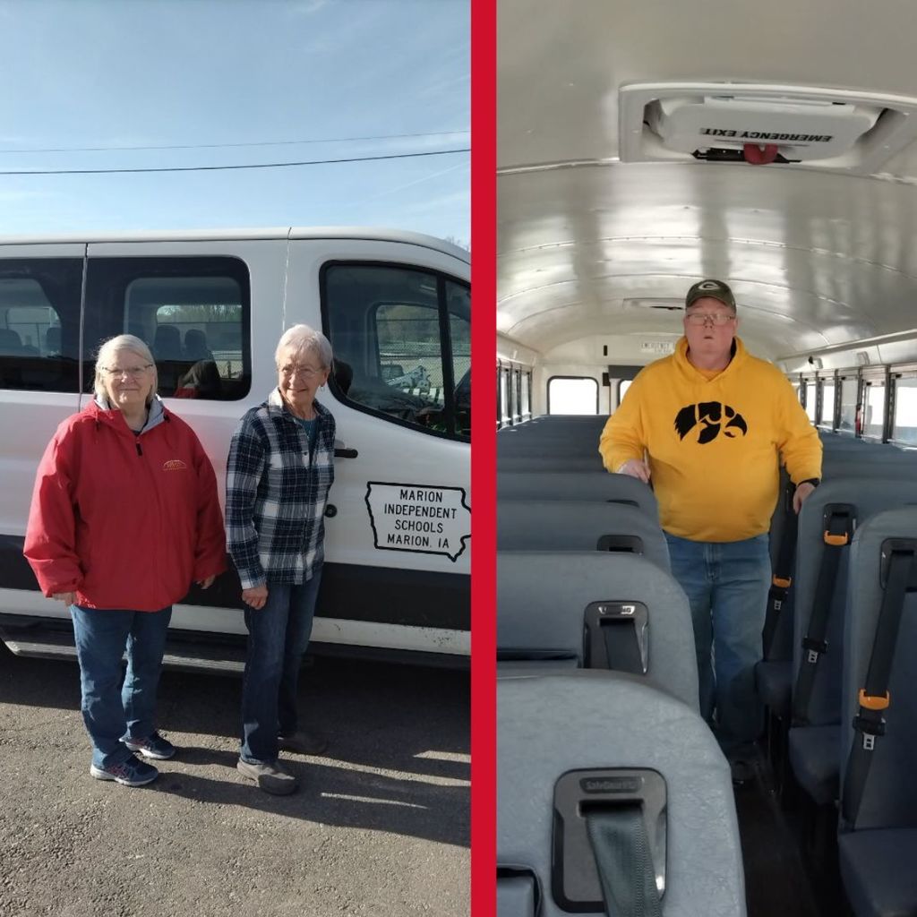Two women smiling next to MISD van. Man standing in bus seating isle. 