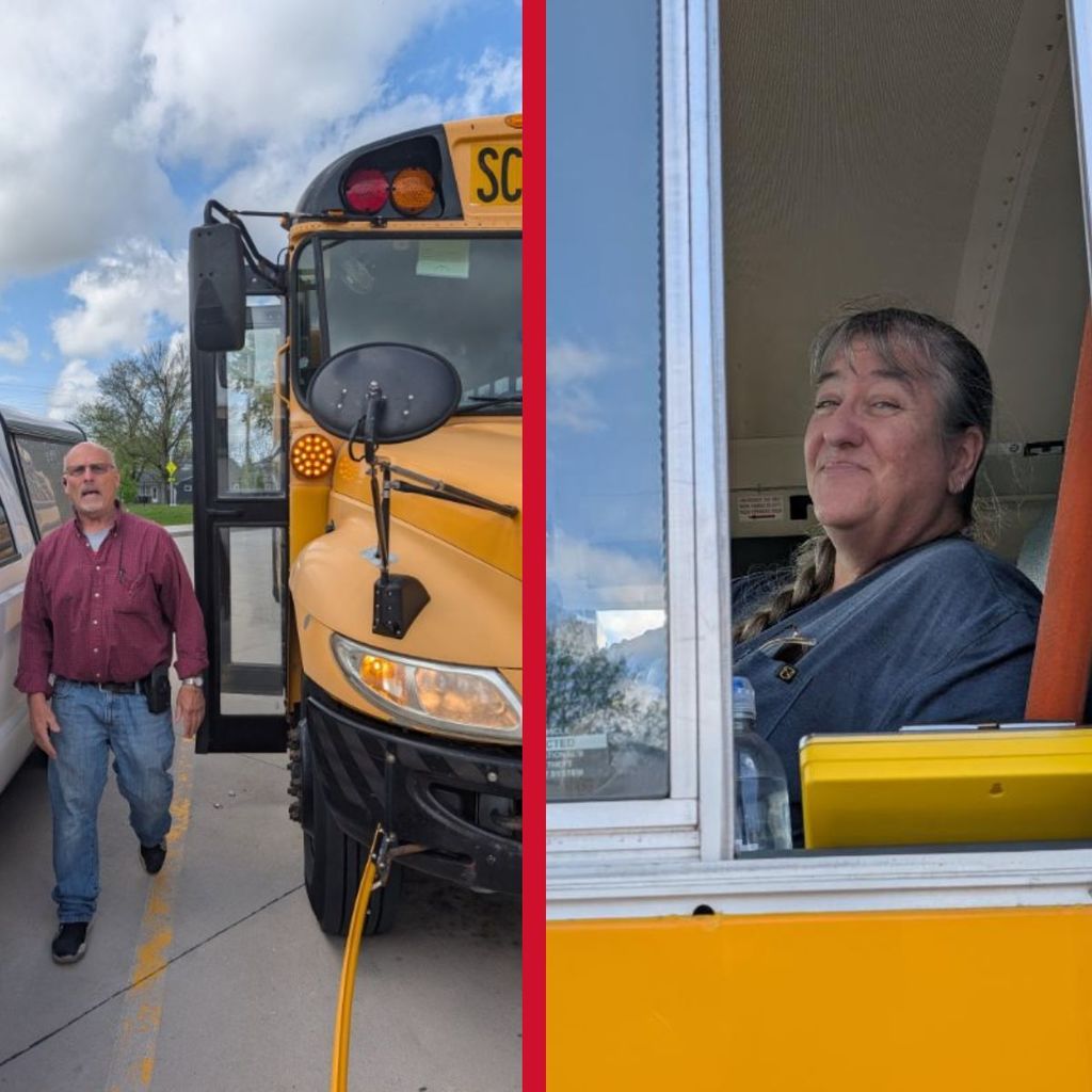 Bus driver walking beside bus. Woman smiling from bus driver's window. 