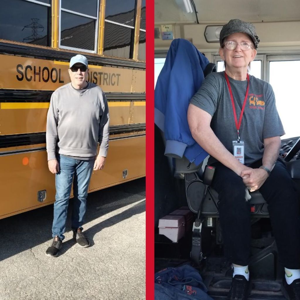 Man smiling in front of bus. Woman smiling in bus driver's seat. 
