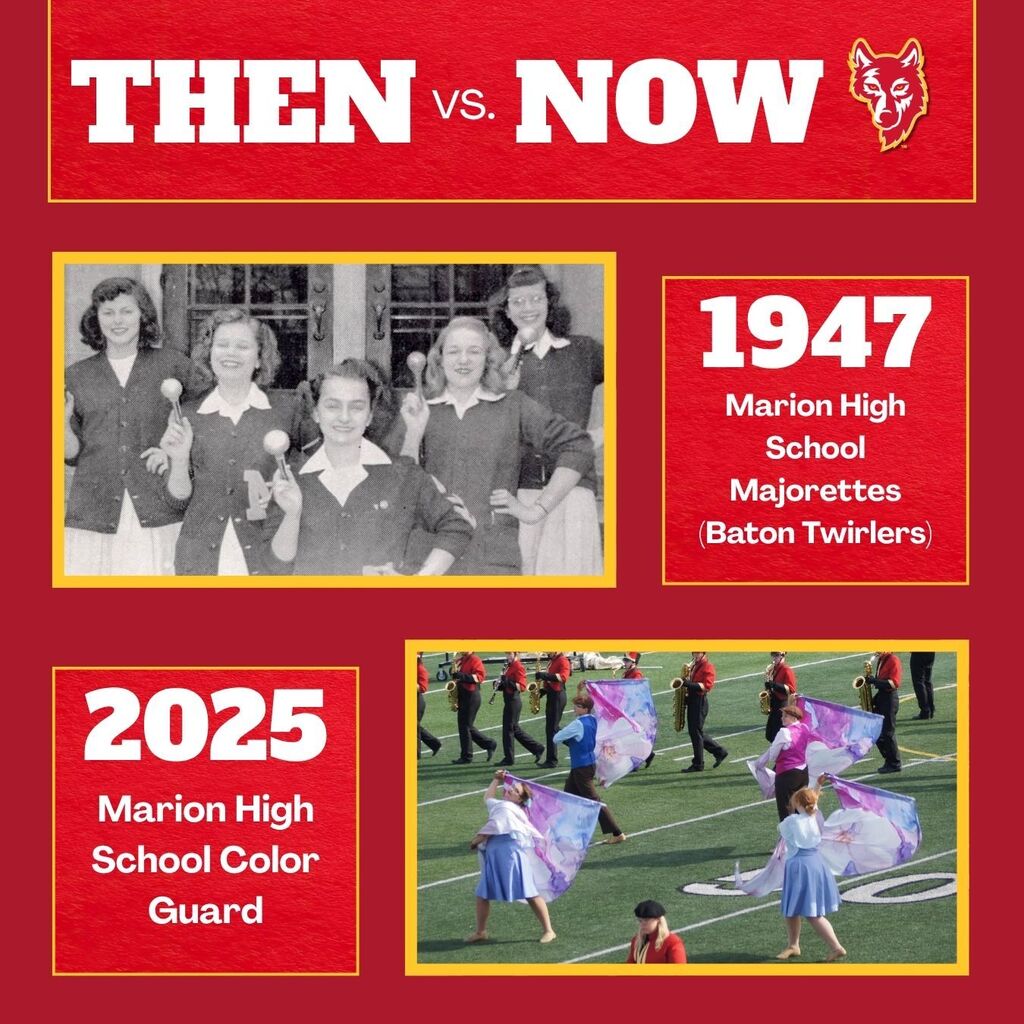 Then vs Now: 1947 Marion High School Majorettes and 2025 Marion High School Color Guard
