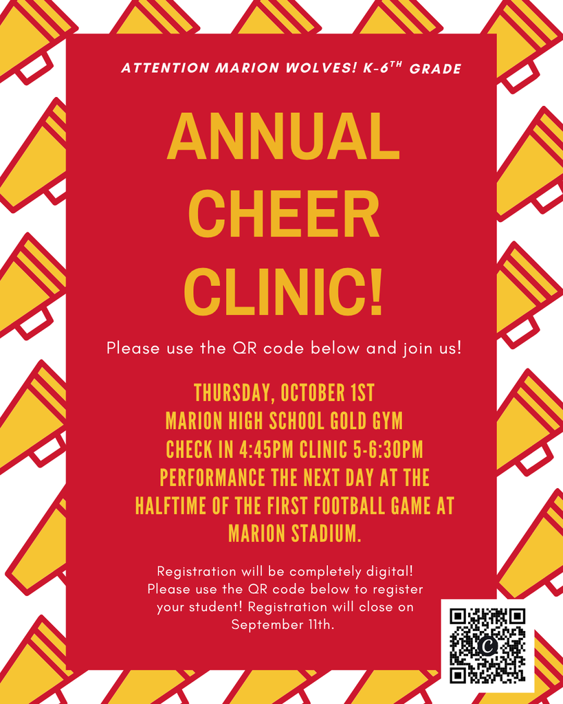 VMS Cheer Clinic, Thursday, October 1st at the MHS Gold Gym. Please use the QR code or the link to sign up! https://forms.gle/TANEwaUDH2mgqZDCA 