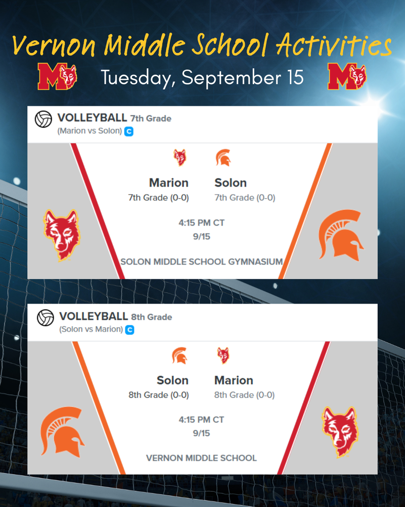 VMS Volleyball 9/15 at 4:15 pm. 7th Grade at Solon, 8th Grade at Home