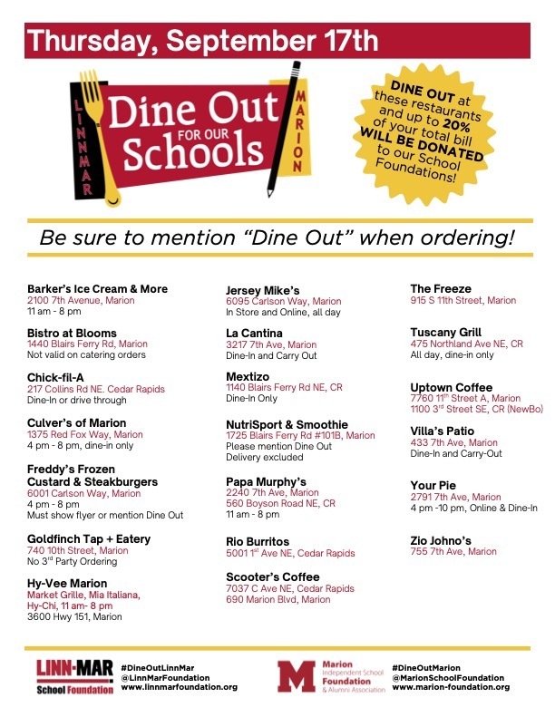Dine Out for Our School, Thursday, September 17th