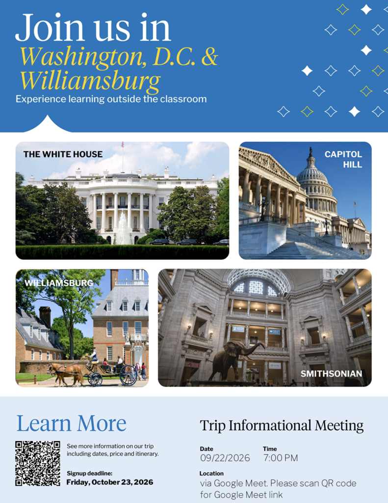 Washington D.C. Spring Break Trip Parent Meeting Flyer 9/22 at 7:00 pm.