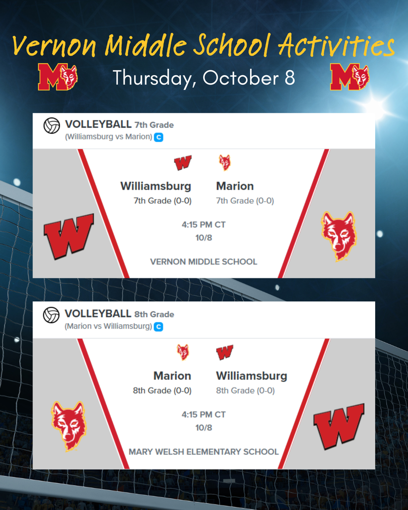 VMS Volleyball 10/8 at 4:15, 7th Grade at Home, 8th Grade at Williamsburg