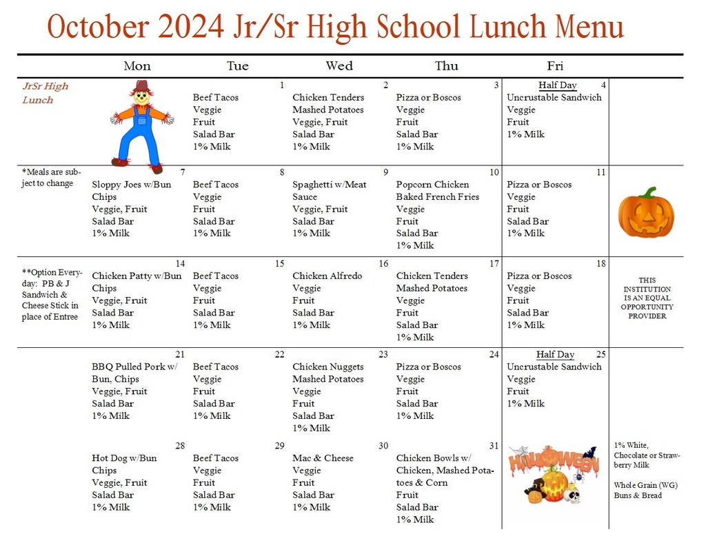 JR/SR High Lunch Menu for October