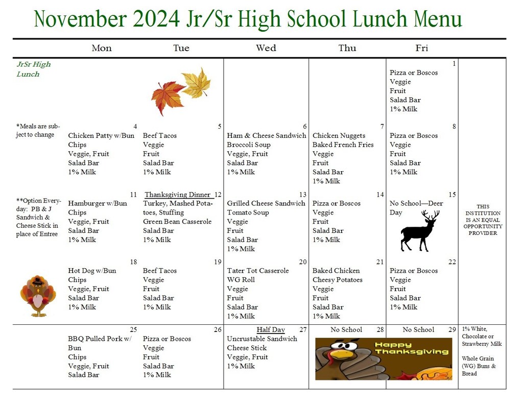 JR/SR High Breakfast and Lunch Menus for November