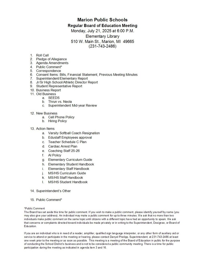 MPS School Board Agenda for July Meeting