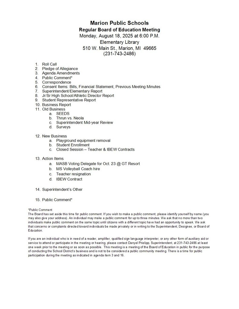 Board Agenda for August Meeting