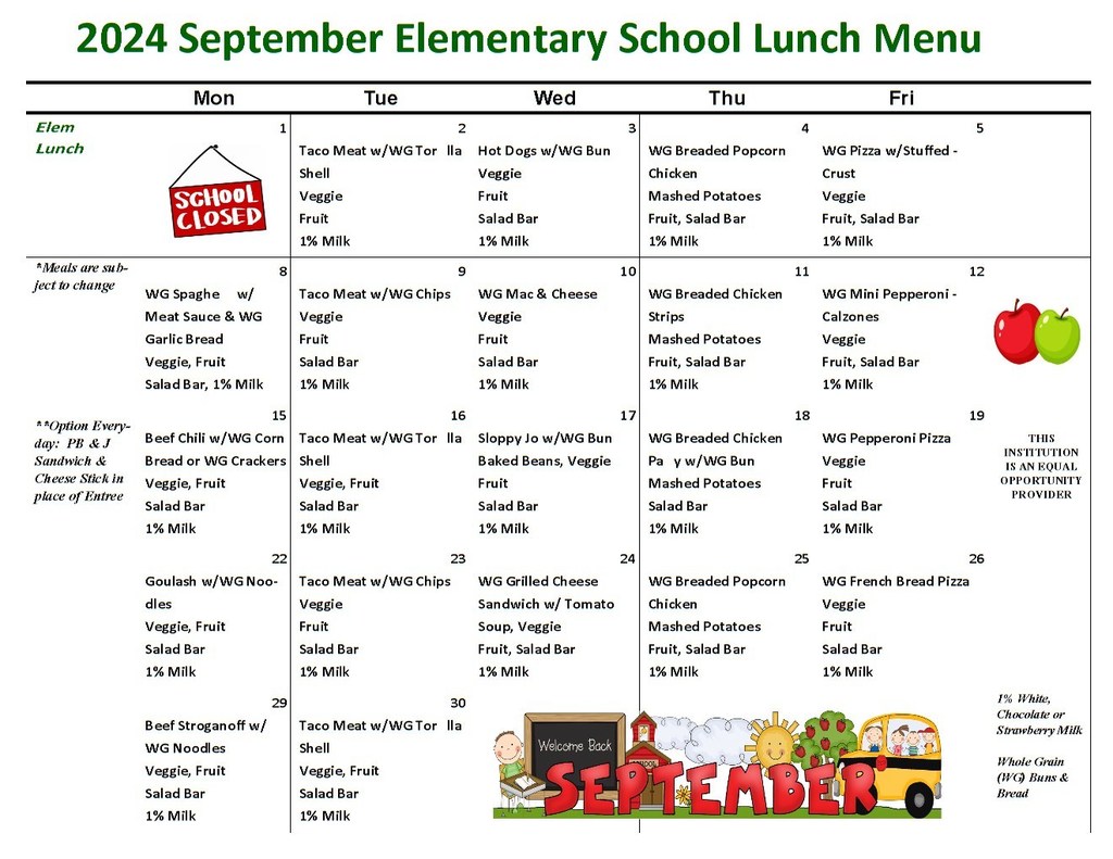 Elementary Lunch Menu for September