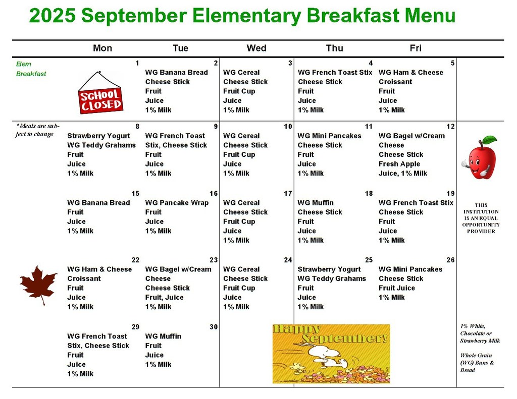 Elementary Breakfast Menu for September