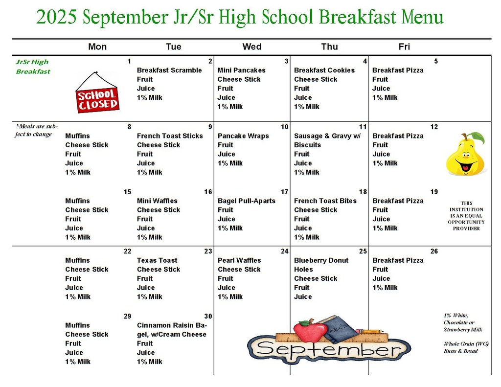 JR/SR HIGH BREAKFAST MENU FOR SEPTEMBER