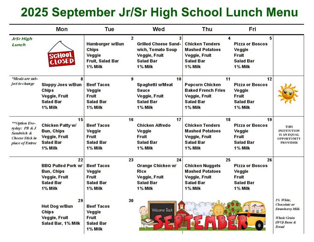 jr/sr SEPTEMBER MENU FOR LUNCH