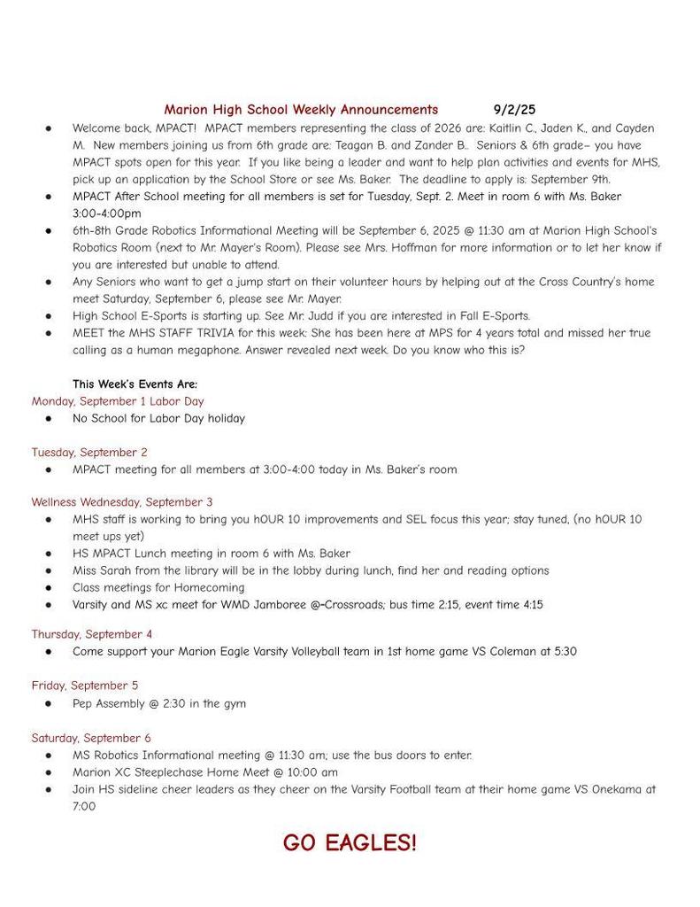 MHS Annoucements for the week