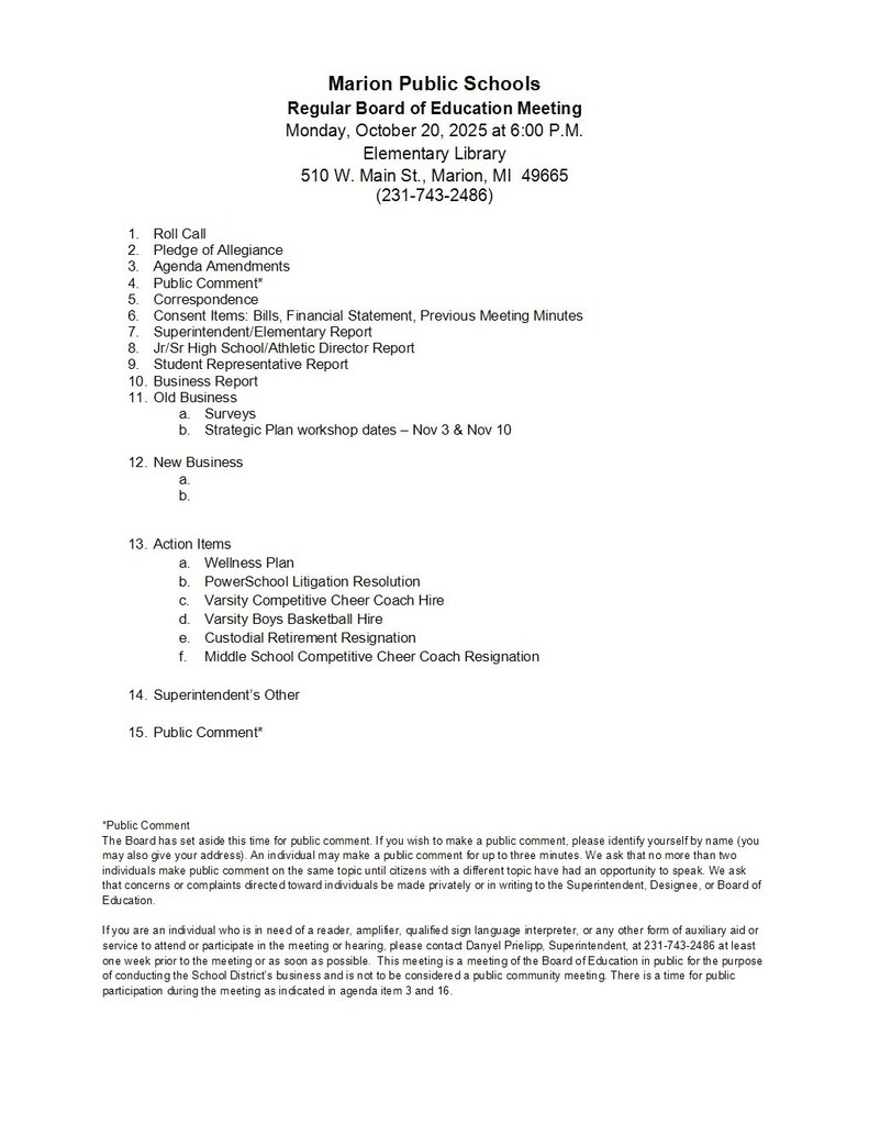 Board Agenda for October meeting