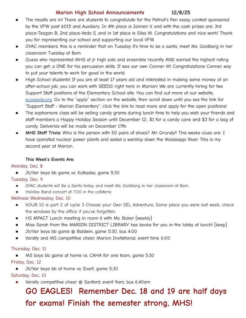MHS Announcements