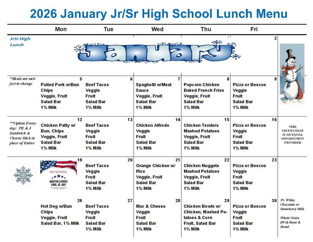 January JR/SR/ High Menu
