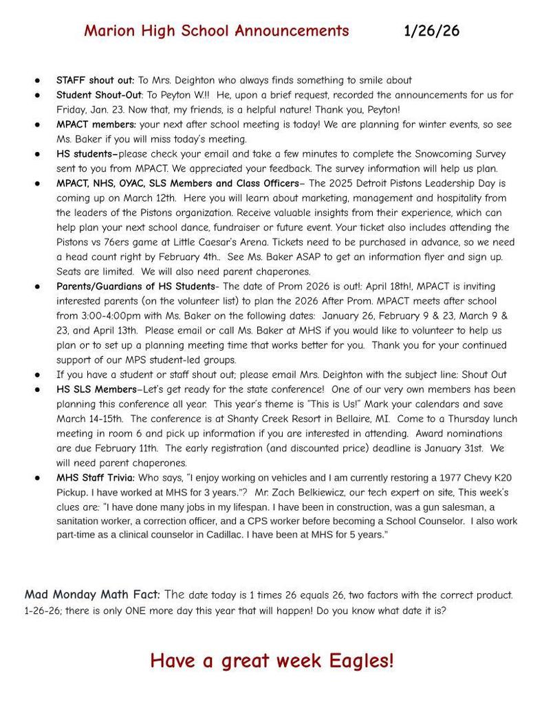 MHS Weekly Announcments