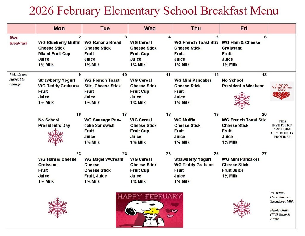 Elementary Breakfast Menu