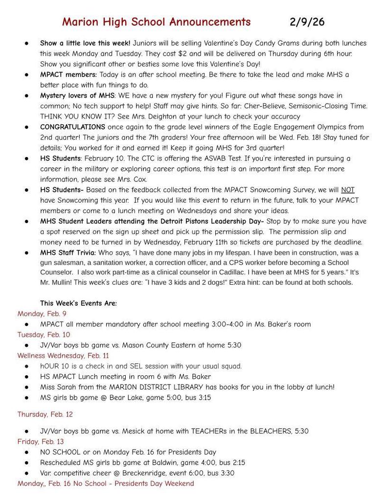 MHS Weekly Announcments